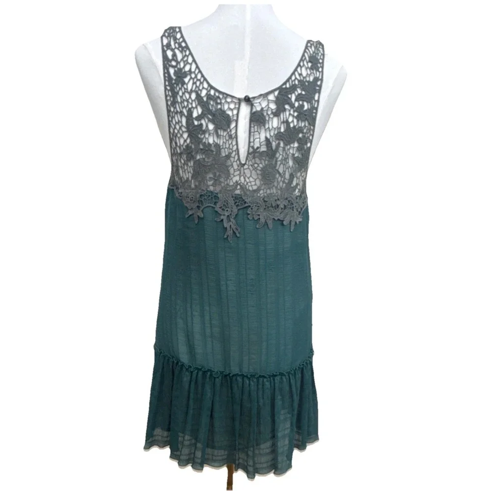 Free People Teal Lace Trim Drop Waist Mini Dress Small Boho Sleeveless Tunic